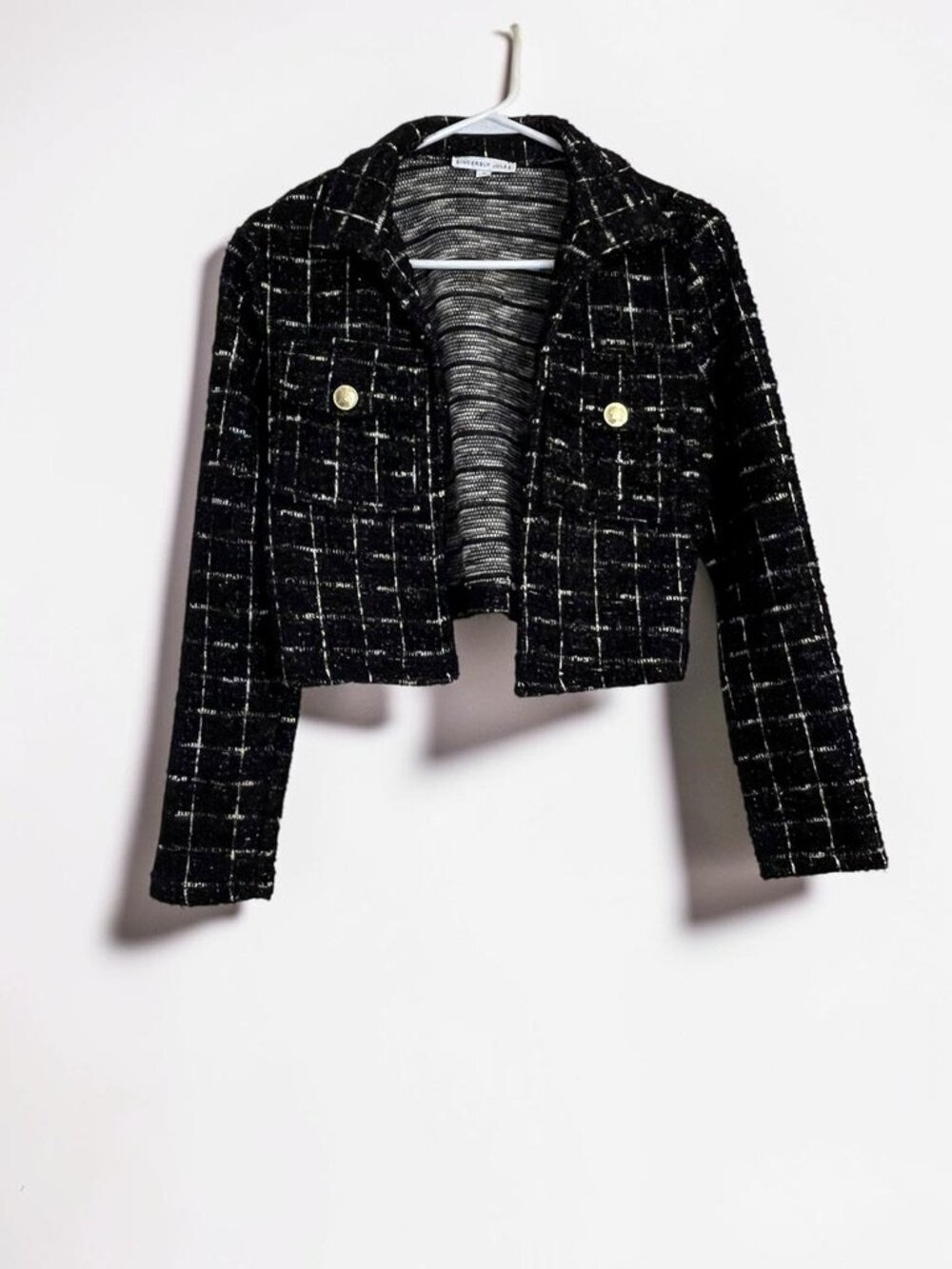 NWOT SINCERELY JULES Tweed Cropped Open Front Blazer Gold Button Jacket- Size: S